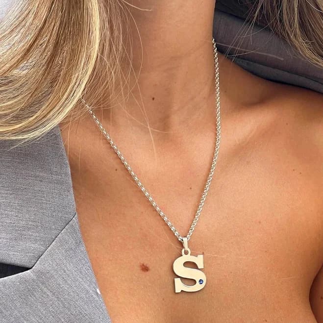 Sterling Silver Chunky Initial Necklace with Birthstone