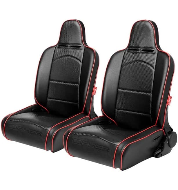 Cipher Auto Synthetic Leather Racing Seats (Reclining - Pair) Black/Red - Suspension Seats, Black w/ Red Stitching