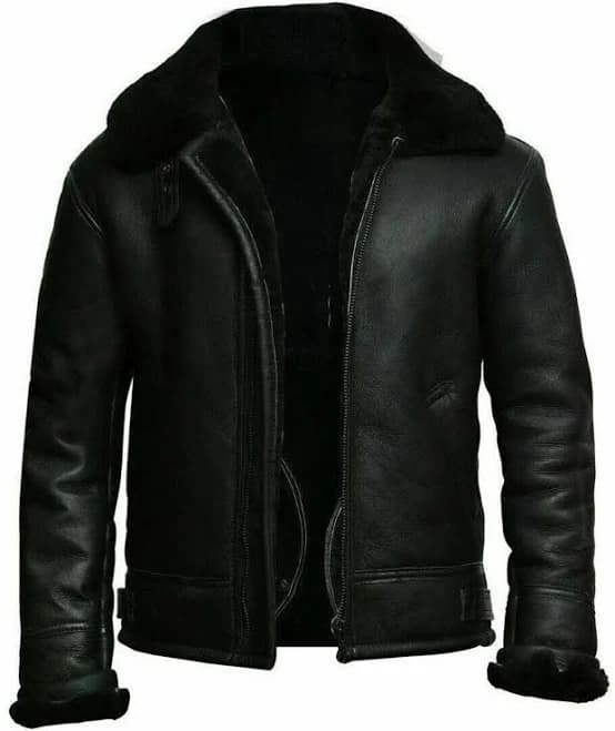 Men’s Black Sheepskin Leather Bomber Jacket With Fur Collar – Winter