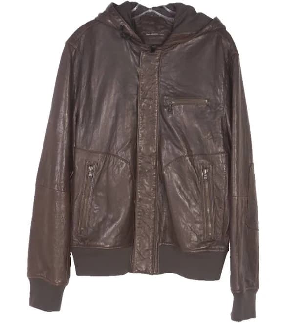 John Varvatos Star Size Large Dark Brown Leather Hooded Bomber Jacket