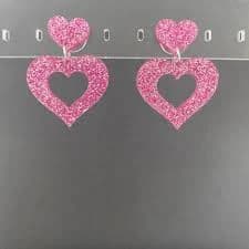 Heart Dangle Earrings - Pink Glitter