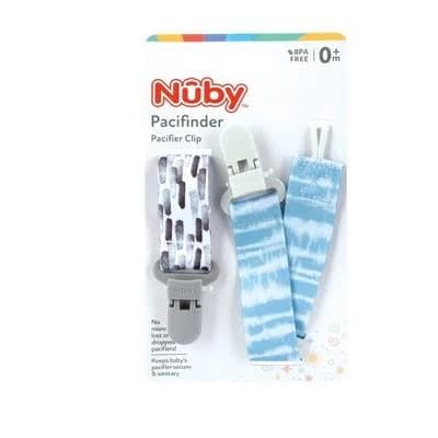 Nuby - 2pk Boy Printed Fabric Pacifier Clip Holder with Plastic Clip, Blue Dots/ Green Dino