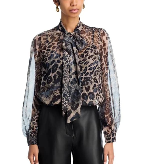 AQUA Women's Leopard Print Tie Neck Top