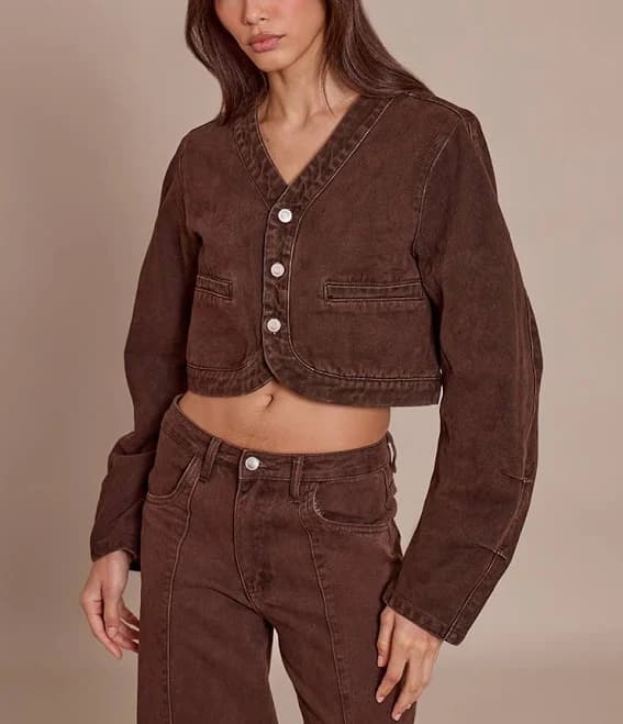 Women's Cropped V Neck Denim Jacket