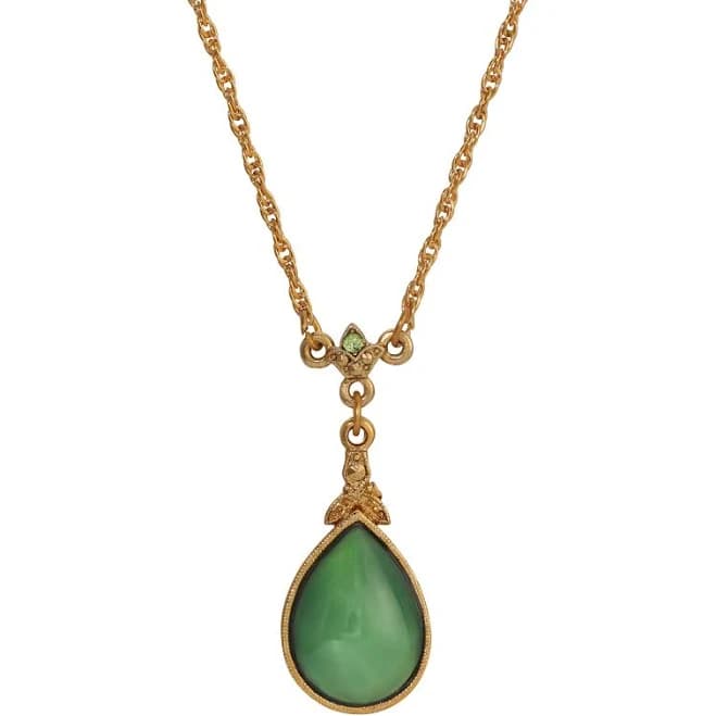 14K Gold Dipped Green Glass Pear Moonstone Pendant Necklace