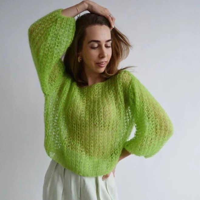 Lime Green Mohair Sweater Sexy Cropped Sweater Handknit Short Chunky