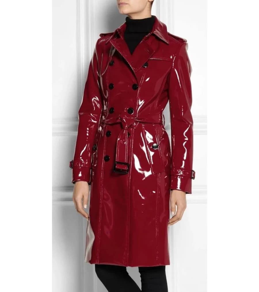 PVC Double Breasted Leather Trench Coat with Petite Belt