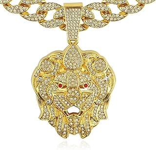 18K Gold Silver Plated Cool Punk Style Large Roar Lion Tiger Head Pendant with Iced Bling Out 5A+ Cubic Zirconia, Layered Heavy 16MM Cuban Link Necklace Chain, 18 Inch Lab Diamond Cut Jewelry Gift for Men