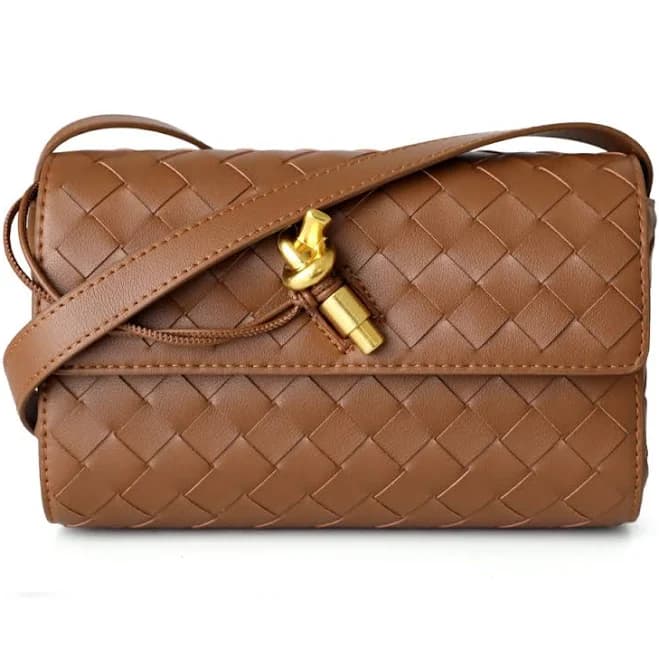 Woven Leather Crossbody Purse with Golden Buckle