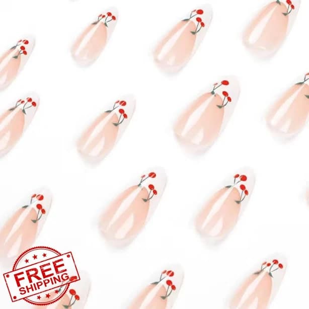French Tip Press On Nails Almond Cherry Nude 24pcs