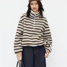 Jaqueta de lã listrada feminina bloco de cores meio zíper sherpa gola alta pulôver moderno moletom felpudo quente de grandes dimensões - AliExpress