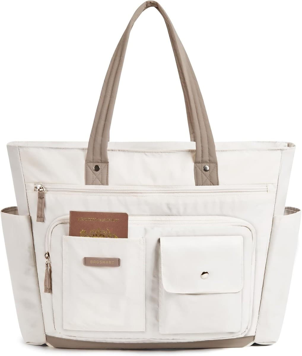 BAGSMART Tote Bag for Women, Small tote bag with Zipper, Travel Beige | eBay