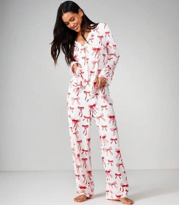 Missguided Women's Bow Print Long Sleeve Button Front Pajama Set