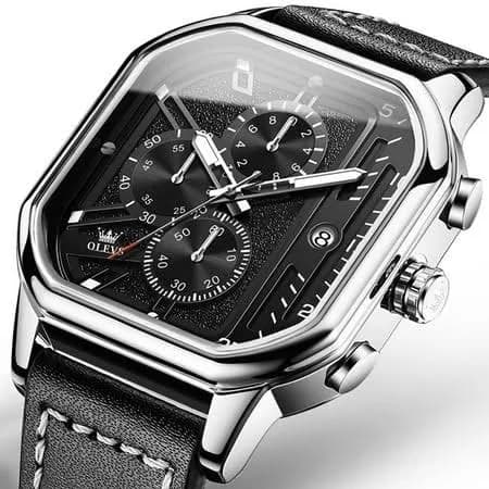 Olevs Men's Square Leather Chronograph Analog Quartz Watch
