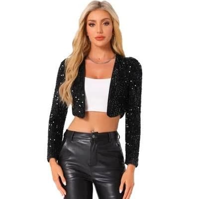 Inspire Chic Women's Sequin Long Sleeve Open Front Cropped Jacket