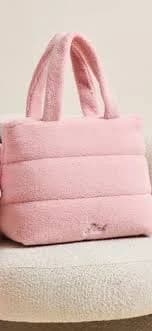 PINK Large Pink Faux Fur Tote Bag Embroidered Accent Double Handles for Women