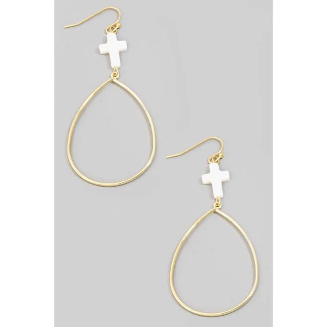 Seashell Cross Charm Tear Dangle Earrings