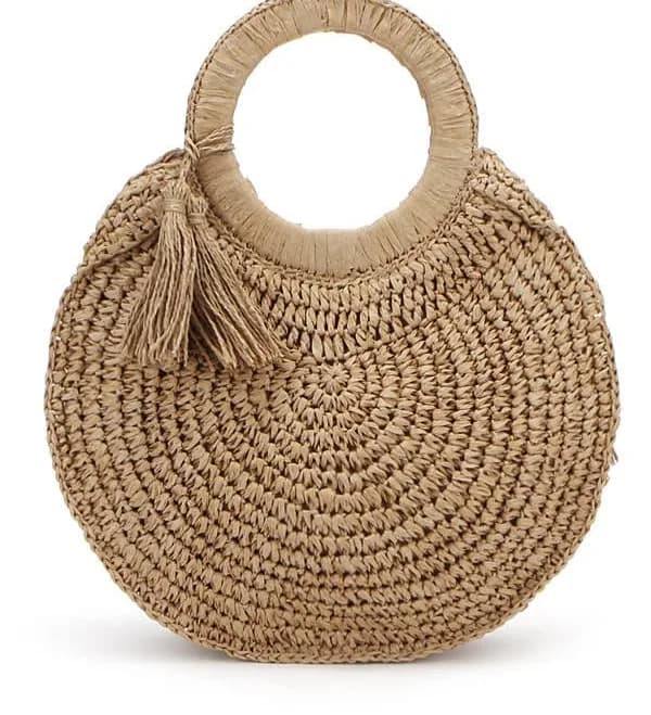 Bohemian Woven Straw Round Tote Bag with Tassels (Handmade)