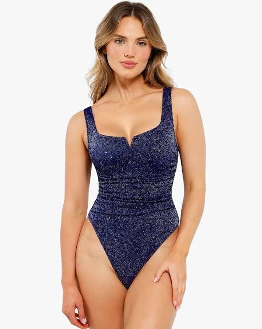 Popilush Women's Ruched Metallic Knit Square Neck Bodysuit
