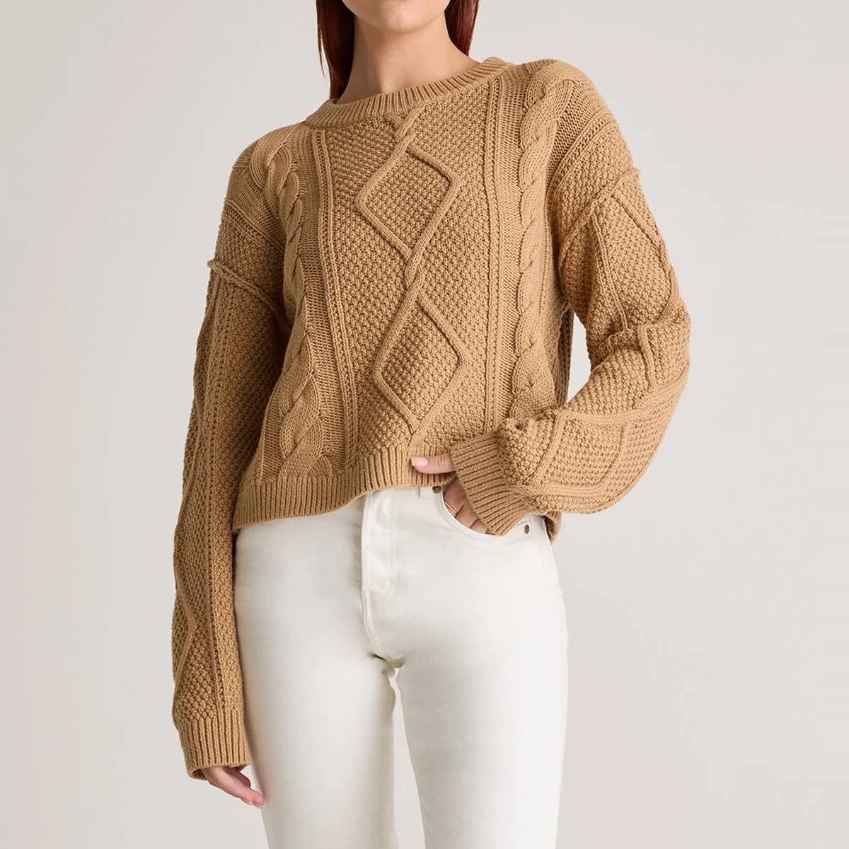 Quince Women's Cropped Cable Crew Sweater in Organic Cotton