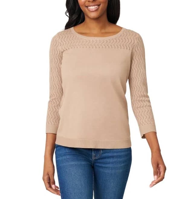 Melissa Paige Women's Crewneck Pointelle 3/4-Sleeve Lightweight Sweater