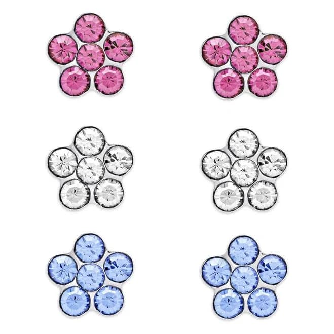 Lily Nily Crystal Flowers Sterling Silver Stud Earrings (3 Pairs)