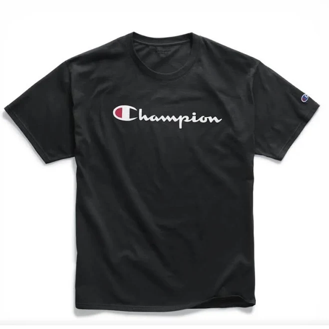 Champion Mens Ss Classic Script Logo T Shirt Black/white Logo Size L