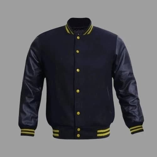 Men’s Black & Yellow Varsity Letterman Jacket Wool Body & Leather