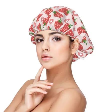 Rateoe Strawberry Flower Pattern Silk Satin Hair Bonnet for Sleeping, Adjustable Sleep Cap Turban for Women , Curly Straight Hair Long Large Braid,
