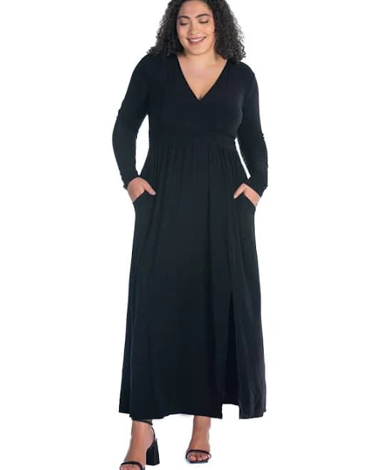 24seven Comfort Apparel Women's Plus Size Long Sleeve V Neck Side Slit Maxi Dress