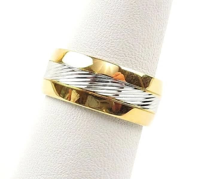 Stainless Steel 2 Tone Silver And Gold Textured 8 Mm Wide Band Ring