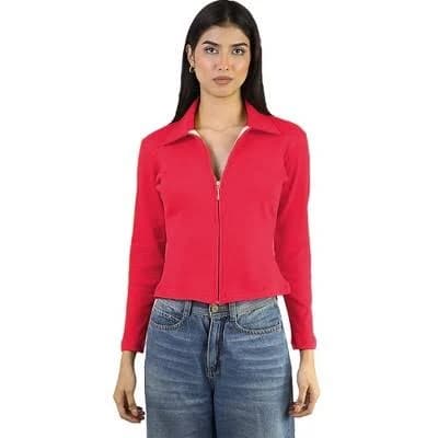 Artyska Women's Ribbed Zip-Up Collared Long Sleeve Top