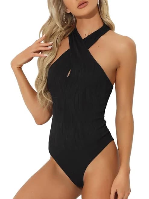 Daring Diva Criss Cross Halter Neck Bodysuit Top