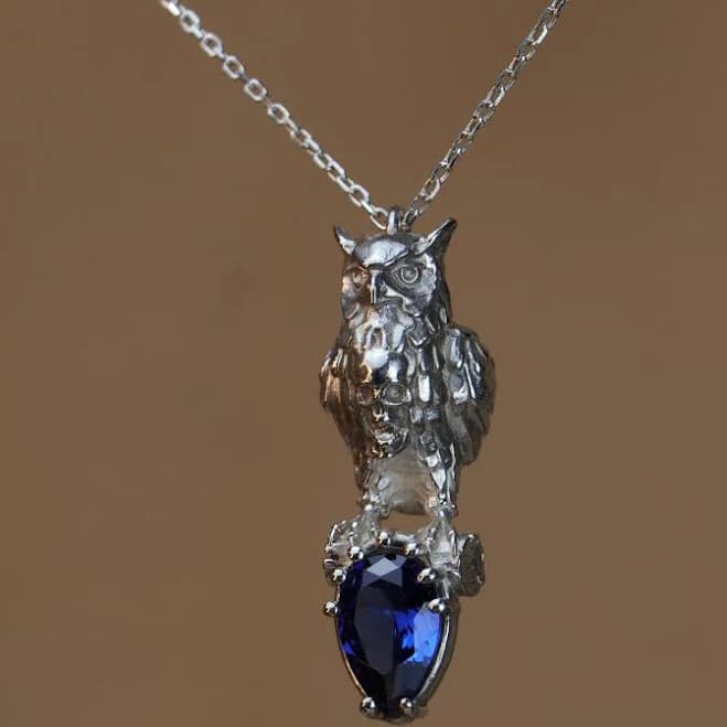 Handmade Silver Owl Necklace with Sapphire Pendant