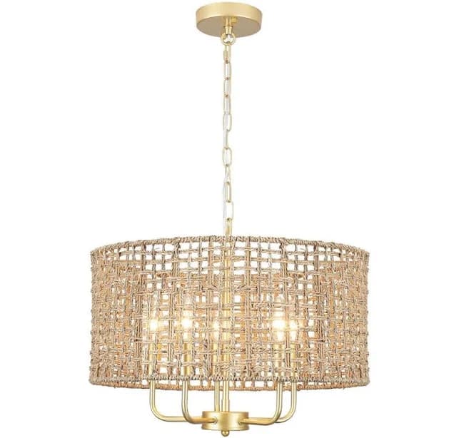 ADSENSTY 5-Light Round Rattan Pendant Design Drum Chandelier
