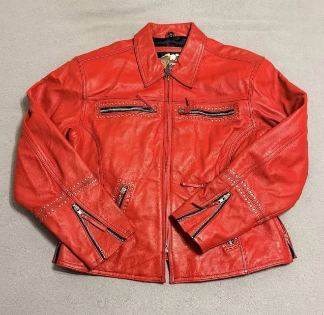 Vintage Harley-davidson Women’s Red Leather Biker Jacket Xl Studded