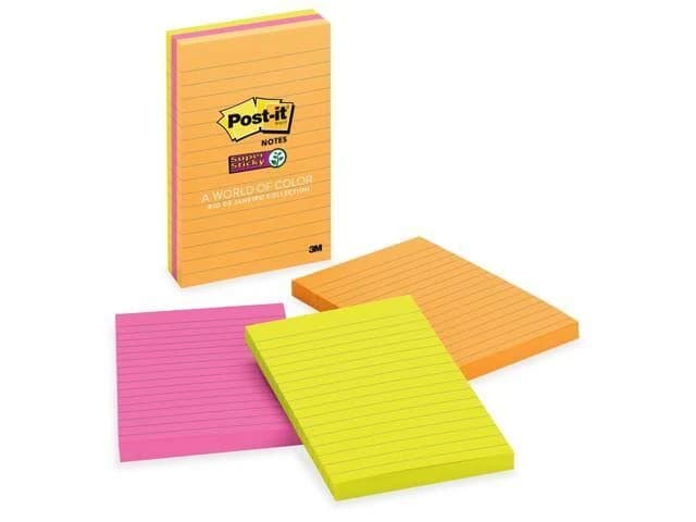 3M Post-It Super Sticky Notes Ultra Colors 4" x 6" Lined 3 Pack