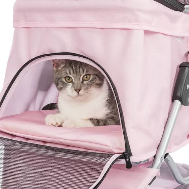 TRIXIE 3-Wheeled Foldable Dog & Cat Stroller with Canopy and Storage Compartments (Pink)