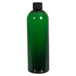 16 oz. Dark Green PET Cosmo Round Bottle with 24/410 Black Ribbed Cap