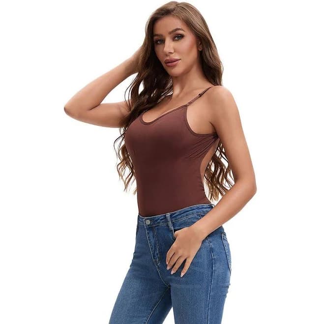 Women's Slim Fit Bodysuit Spaghetti Strap Open Backless Tummy Control Thong Leotard Shapewear, Size: XXL, Coffee