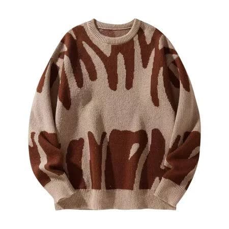 Cowear Men's Abstract Pattern Crew Neck Pullover Sweater Long Sleeve Casual Knit Top, Size: Large, Brown