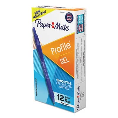 Paper mate Profile Gel Pen, Retractable, Fine 0.5 mm, Blue Ink, Translucent Blue Barrel, Dozen
