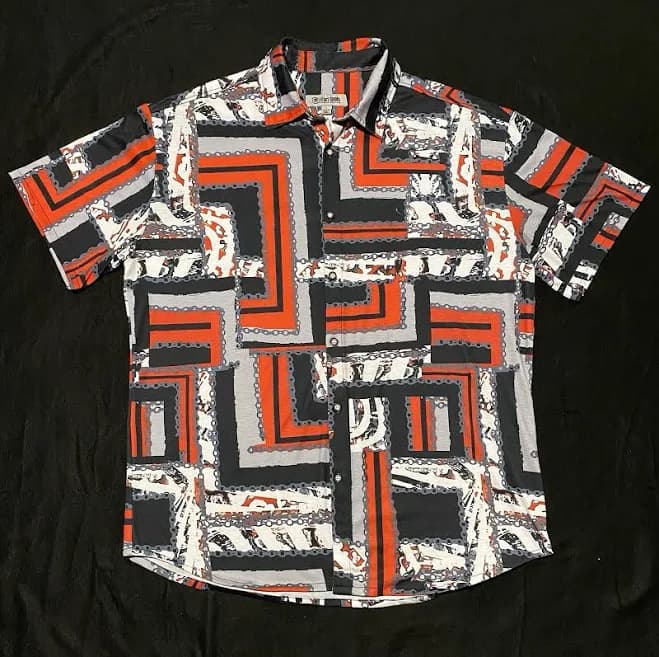 Stacy Adams Shirt Men's L Red Black Aop Chain Print Button Up Casual