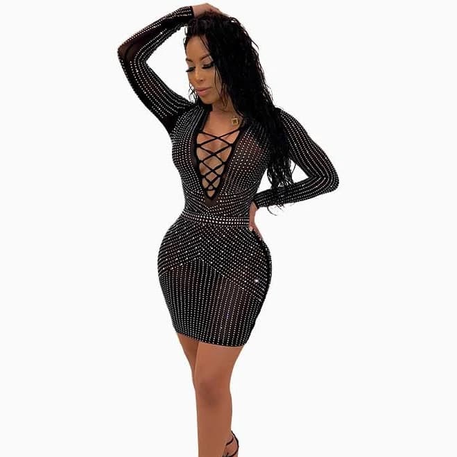 Patchwork V Neck Long Sleeve Dress