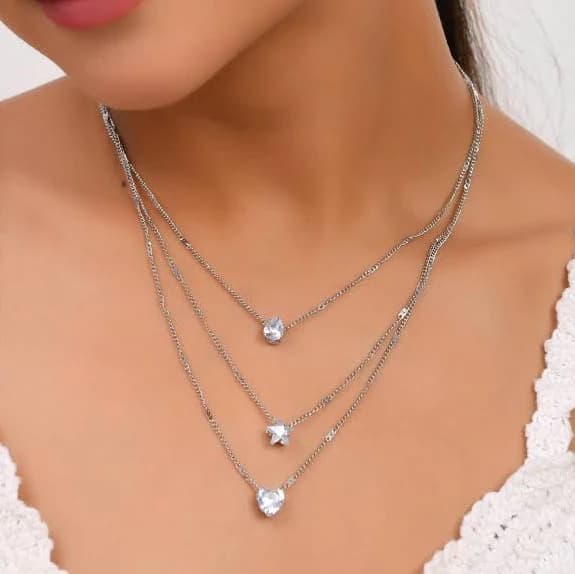 Dainty Crystal Star & Heart Pendant Silver Necklace