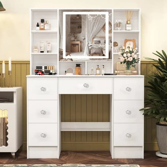 DICTAC Makeup Vanity Desk with Sliding LED Lighted Mirror, 47.2"W Large Vanity Desk with Drawers, Shelves and Side Storage, RGB Glass Cabinet, White Vanity Table Set with Charging Station for Bedroom