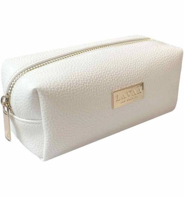 White Leather Makeup Bag with Gold Accents