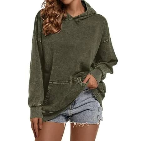 Pmvfhde Women's Washed Pullover Hoodie, Retro Oversizeded Shoulder Long Sleeve Sweatshirt, Comfort Fit Army GreenM, Size: Medium
