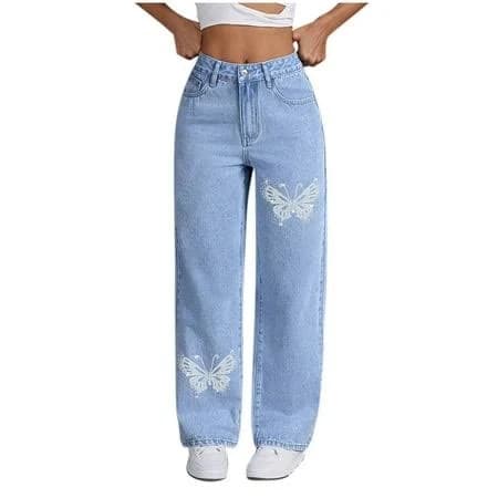 VALMASS Women's Butterfly Graphic Low Waist Baggy Wide Leg Jeans