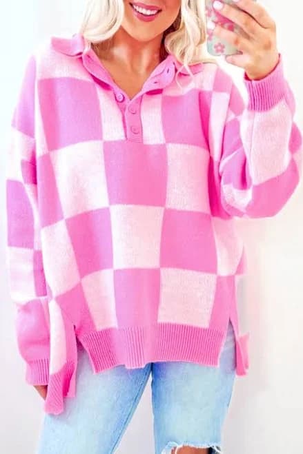 Krush Kandy Plaid Check Henley Sweater